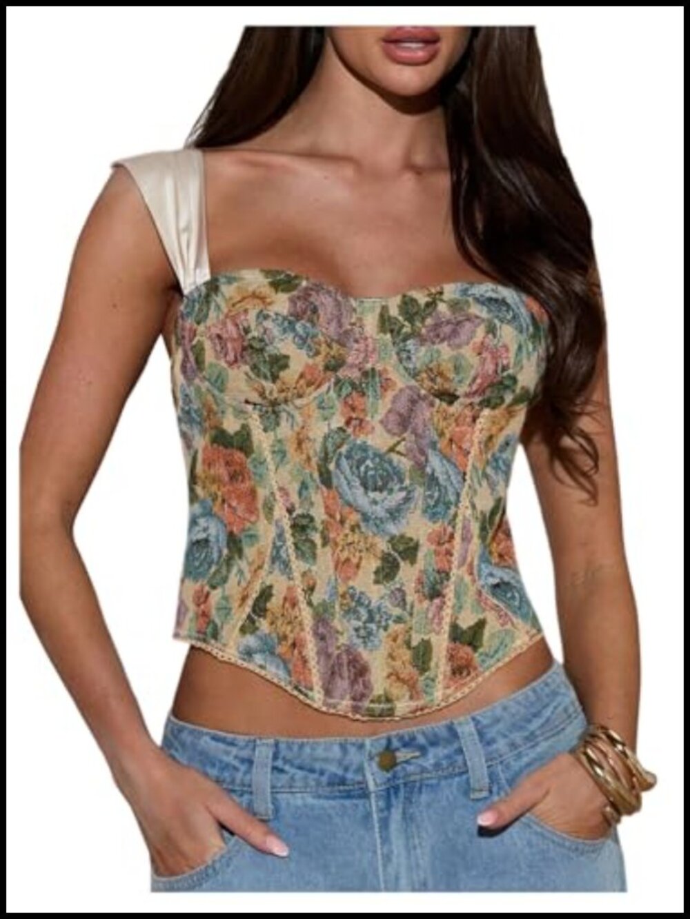 Vintage Floral Backless Tank Top Sleeveless Lace Up Corset Top